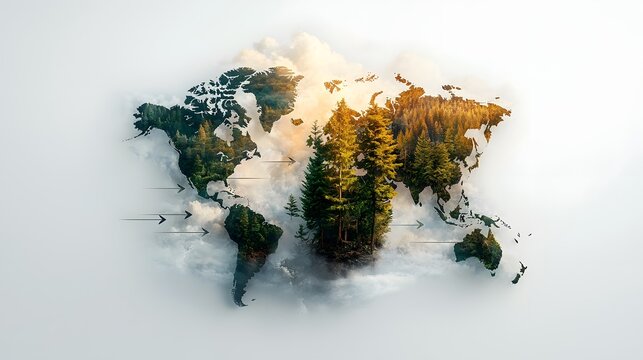 An infographic depicting a global map split into three sections showcasing past present and future forest coverage predictions