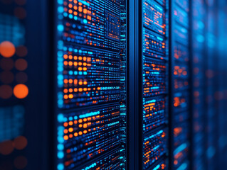 Data server illuminated with vibrant blue and orange lights.