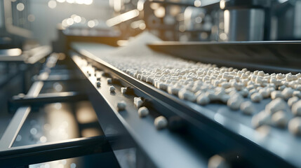 Obraz premium Close-up of a conveyor belt transporting small white pellets in a modern industrial setting