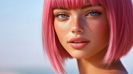Obraz premium Woman with pink hair and blue eyes is smiling. She has a short haircut and is wearing pink
