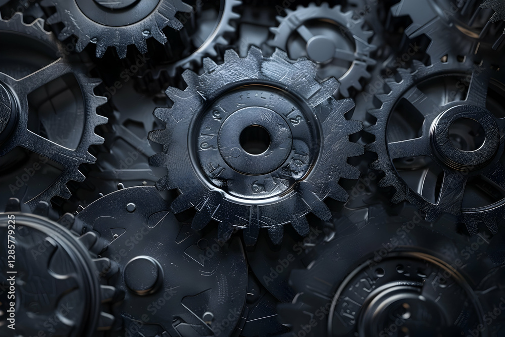 Poster close-up of interlocking black gears showcasing intricate mechanical design and texture