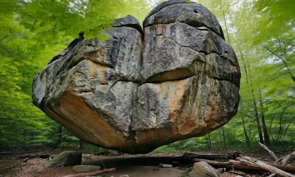 Exploring Balancing Rock Formation in the Forest on a Summer Day