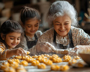 Grandmother and grandchildren baking traditional sweets for eid al fitr celebration