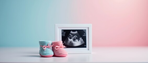 A pair of tiny baby booties placed next to an ultrasound photo on a soft blue and pink cyclorama background. The lighting is gentle, symbolizing anticipation and hope