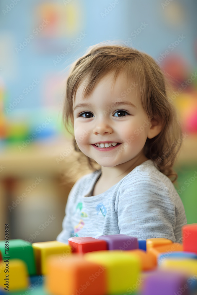Aufkleber adorable smiling toddler playing with colorful building blocks : generative ai