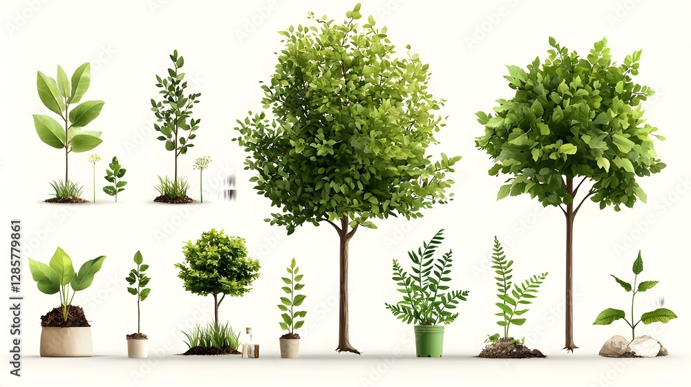 Poster minimalist tree icons showing different growth stages from sapling to full grown tree in a clean mod