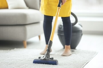 A person cleaning a carpet with a vacuum cleaner in a bright, modern living room, showcasing a tidy home environment.