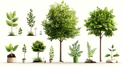 Minimalist tree icons showing different growth stages from sapling to full grown tree in a clean modern style with an isolated background
