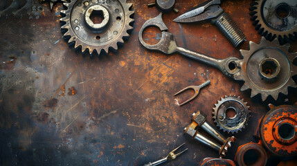Close-up of assorted rusty mechanical tools and gears on a weathered metal surface