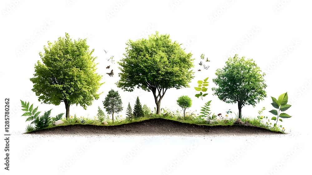 Poster minimalist and clean infographic design showcasing the growth stages of a tree from sapling to full 