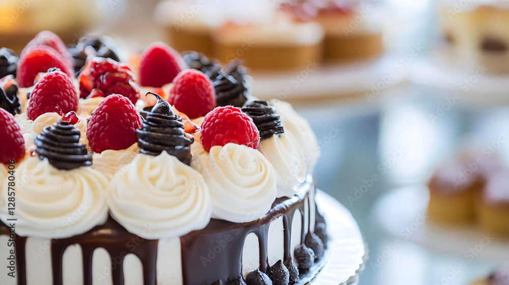 Poster luxurious chocolate raspberry cake with whipped cream and fresh berries : generative ai