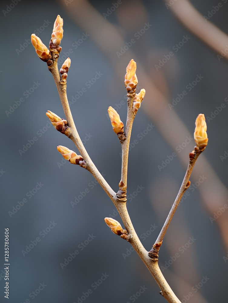 Aufkleber Closeup of Budding Tree Branch Against Blurred Background : Generative AI