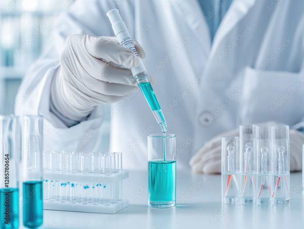 Poster a scientist carefully measures liquid using a pipette in a laboratory setting, highlighting precisio