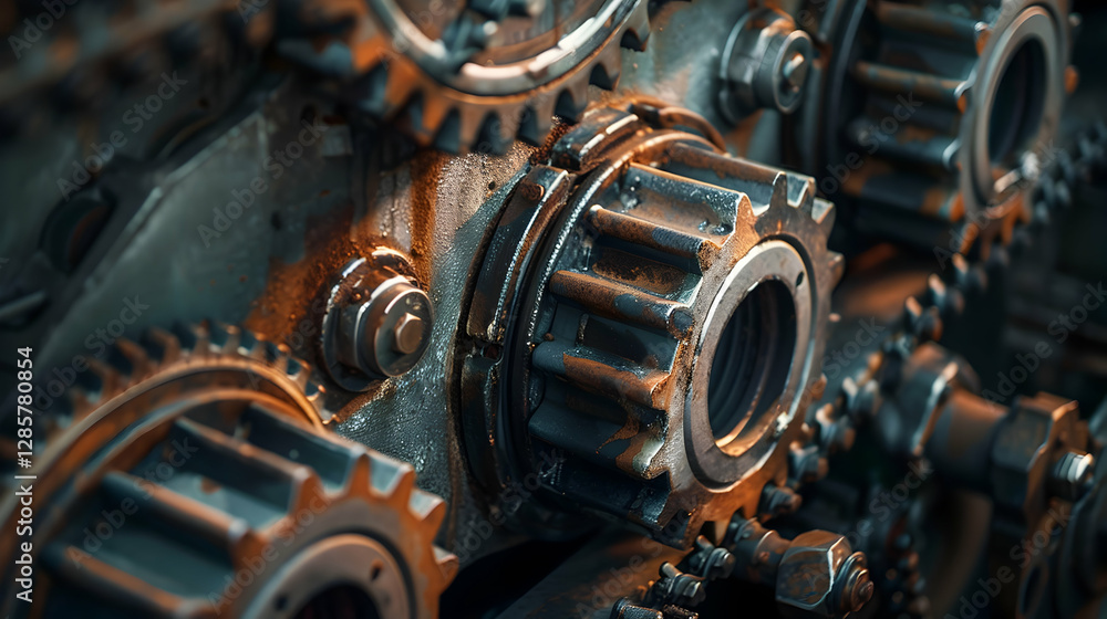 Poster close-up view of intricate metal gears and cogs showcasing mechanical engineering details