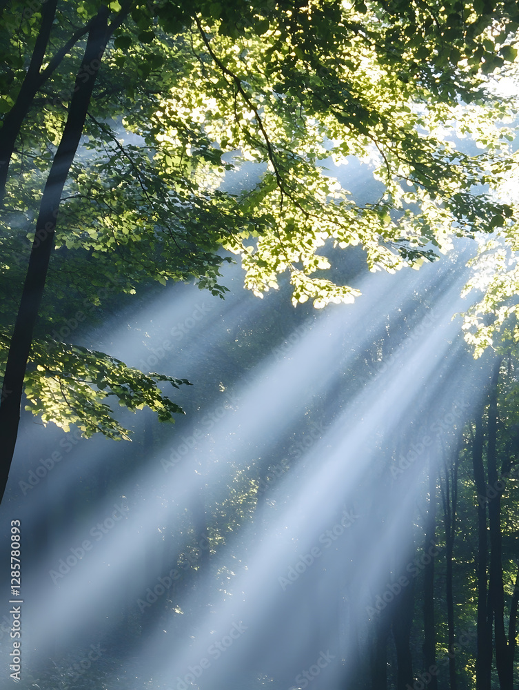 Aufkleber sunbeams filtering through lush green trees in serene forest environment for nature lovers : generat