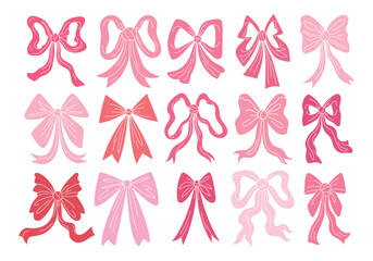 Vector set of cartoon ribbons, bows, accessories. Pink vintage girlish pink bows for hair decoration. Cute trendy doodle style coquette stickers, Decor of packaging and clothes for birthday and love.