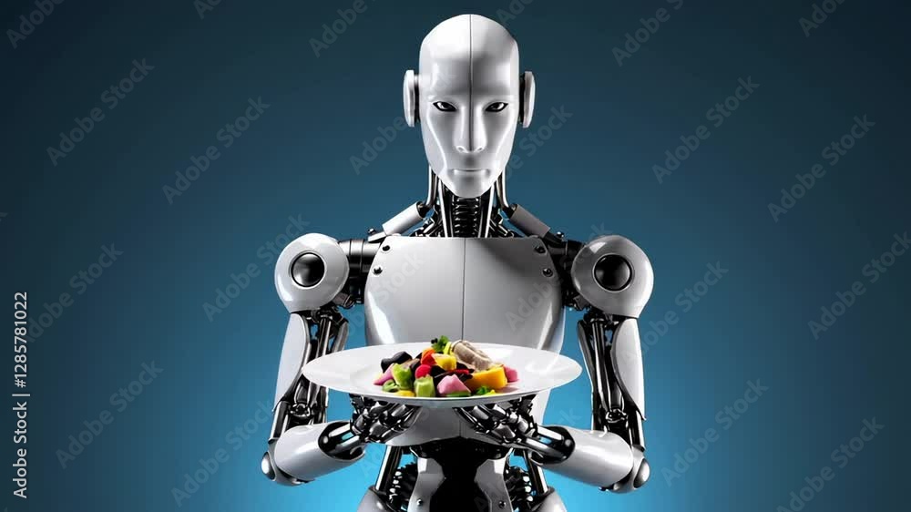 Poster advanced humanoid robot waiter carefully holding a plate with fresh salad, showcasing the potential 
