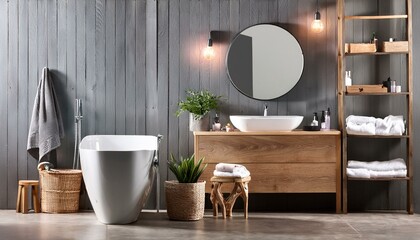 Gray and wooden bathroom
