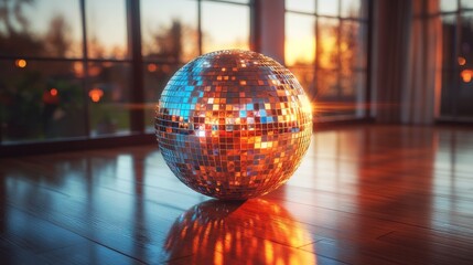Disco ball on hardwood floor, sunset view