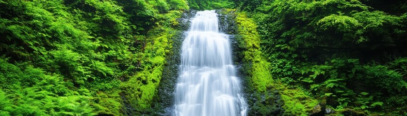 Fototapeta premium A serene waterfall cascading through lush green foliage, embodying the tranquility of nature's beauty and harmony.