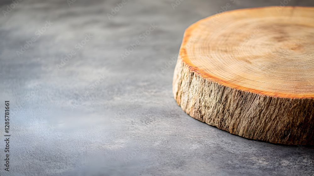 Aufkleber rustic wooden tree slice on a gray concrete background for natural decor themes : generative ai