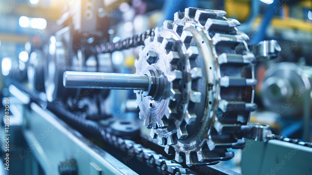 Poster close-up of industrial machinery showcasing intricate gears and chains in a busy factory setting