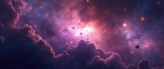 An abstract wallpaper design featuring a cosmic theme with nebulae in shades of purple, pink, and black. Stars and galaxies are scattered throughout, creating a dreamy and infinite feel