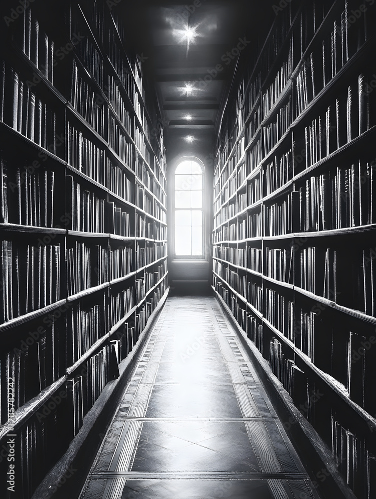Poster vintage library hallway with endless towering bookshelves and soft ambient lighting : generative ai
