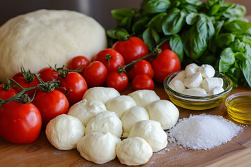 A close-up shot of the ingredients for the Margherita Pizza. Include all key ingredients like pizza dough, fresh mozzarella, tomatoes, basil and olive oil.