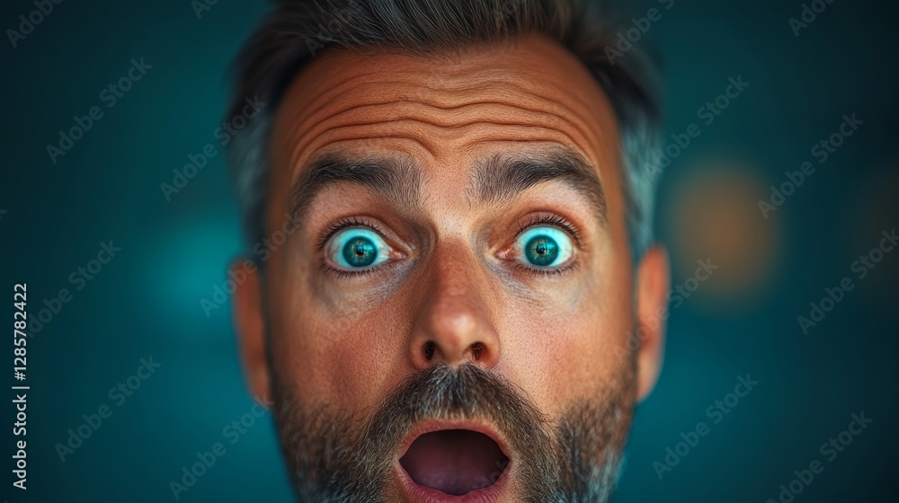 Poster man with a surprised expression on his face. the man's eyes are wide open and his mouth is open in a