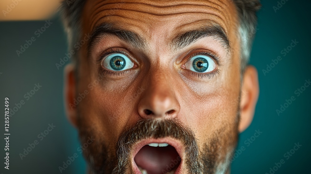 Poster man with a beard and a surprised expression on his face. the man's eyes are wide open and his mouth 