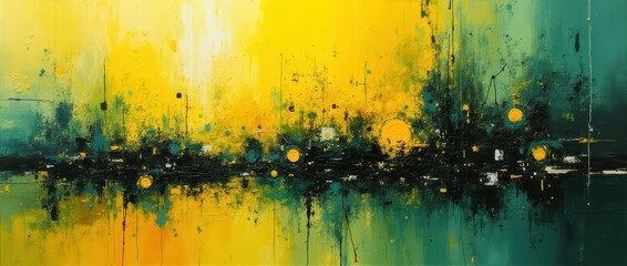An abstract painting with chaotic, energetic brushstrokes in shades of yellow, green, and black. The composition feels spontaneous and full of life