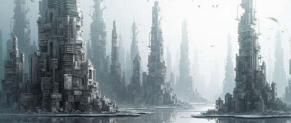 An abstract representation of a cityscape, with distorted and fragmented buildings in shades of gray and silver. The composition feels futuristic and surreal