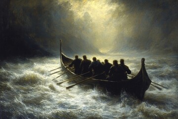 Brave rowers navigate turbulent waters at dawn with determination and teamwork