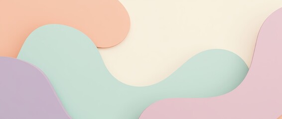 An abstract composition featuring organic, blob-like shapes in soft pastel colors like peach, mint, and lavender. The forms overlap and blend, creating a soothing and harmonious effect