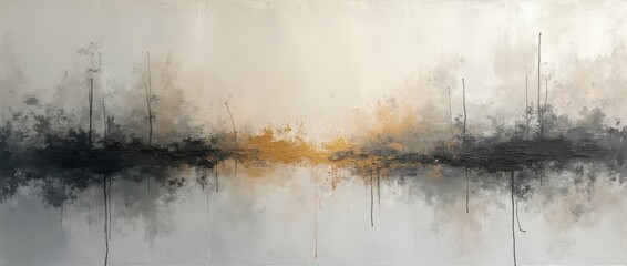 An abstract artwork that combines multiple layers of texture, including rough brushstrokes, smooth gradients, and fine lines. The colors are muted, with hints of gold and gray.