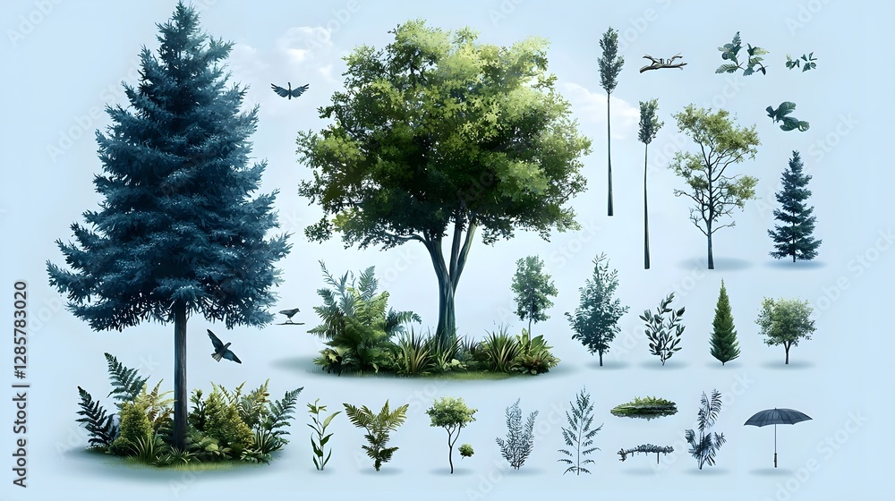 Poster elegant tree silhouette infographic in clean and modern style coniferous deciduous and tropical tree