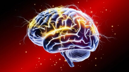 Obraz premium A glowing depiction of a human brain surrounded by bright electric currents, symbolizing neural activity, mental processes, and intelligence, highlighted against a vibrant red background