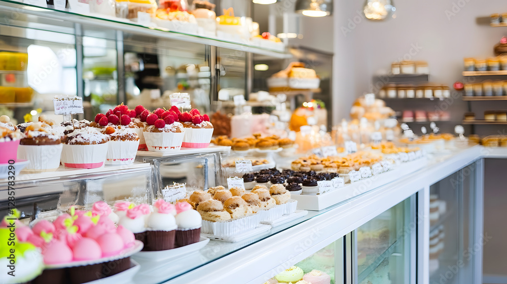 Poster bright and colorful bakery shop display with assorted pastries and cakes : generative ai