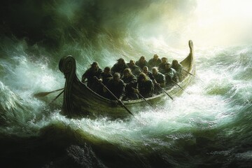 Dramatic sea voyage with rowers braving turbulent waters under a stormy sky
