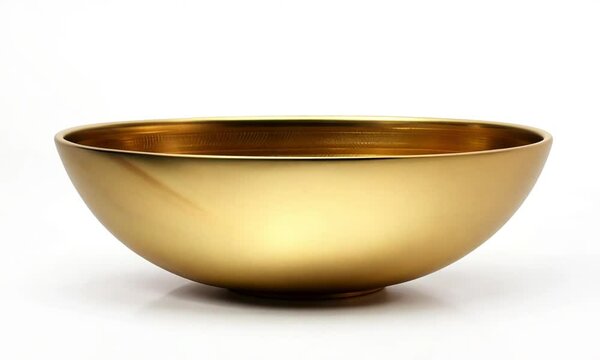 An empty golden bowl mockup isolated on a white background. Looping video of 360-degree rotation, showcasing the bowl from all angles.