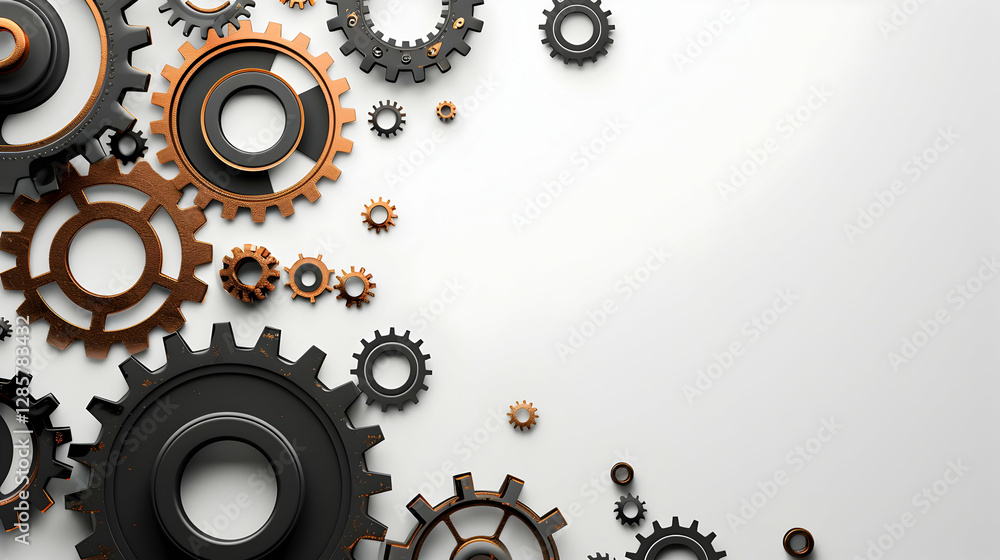 Poster a collection of interlocking gears in a modern design against a clean white background
