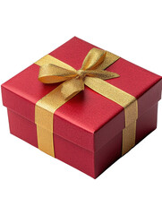 Red gift box with golden ribbon, white isolate background