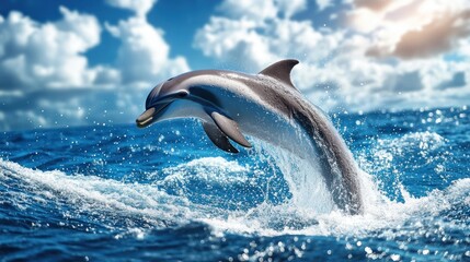 Fototapeta premium Majestic dolphin leaping in azure ocean waves under dramatic sky