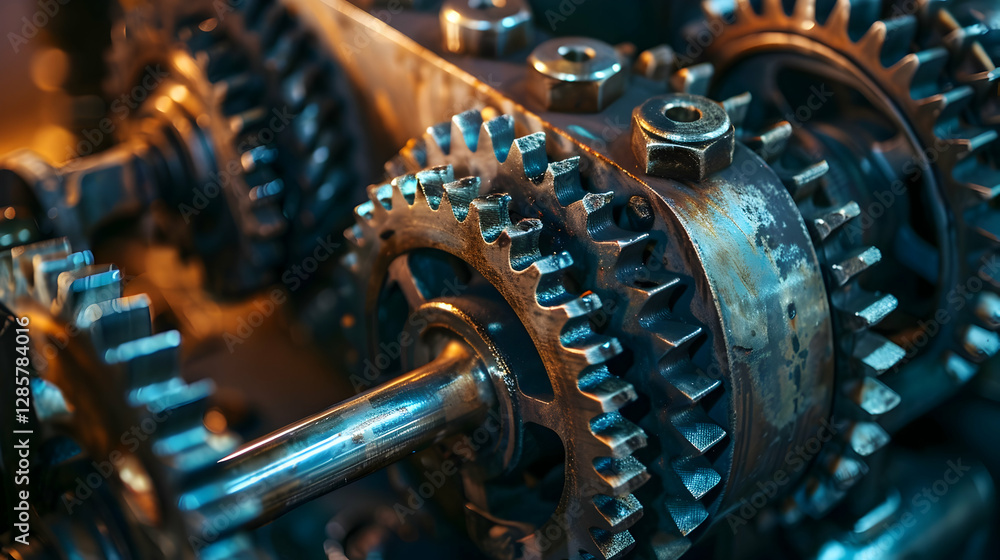 Poster close-up of intricate metallic gears and cogs interlocking in a machine, showcasing industrial mecha