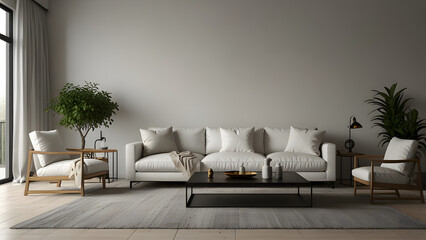 Modern Living Room Interior With Air Conditioner, Orange Sofa And Green Armchair