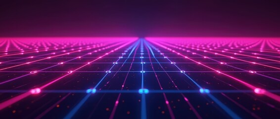 A dark purple background with glowing neon pink and blue lines forming a futuristic grid pattern. The neon lights create a high-tech and energetic vibe
