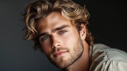Stylish Young Man with Wavy Blonde Hair Relaxed Portrait