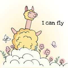 Cute llama in the clouds, flowers and text - I can fly. Isolated on gradient yellow-white background. Love card. Perfect for greeting card, banner, print. Vector illustration.