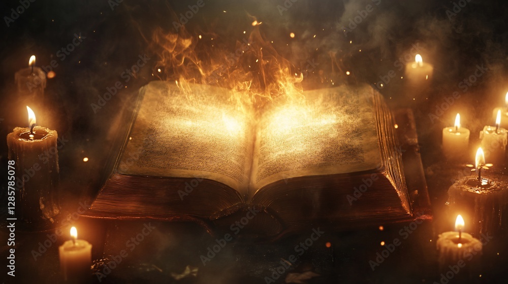 Poster mystical open book with flames and candles in dark setting with mystical light